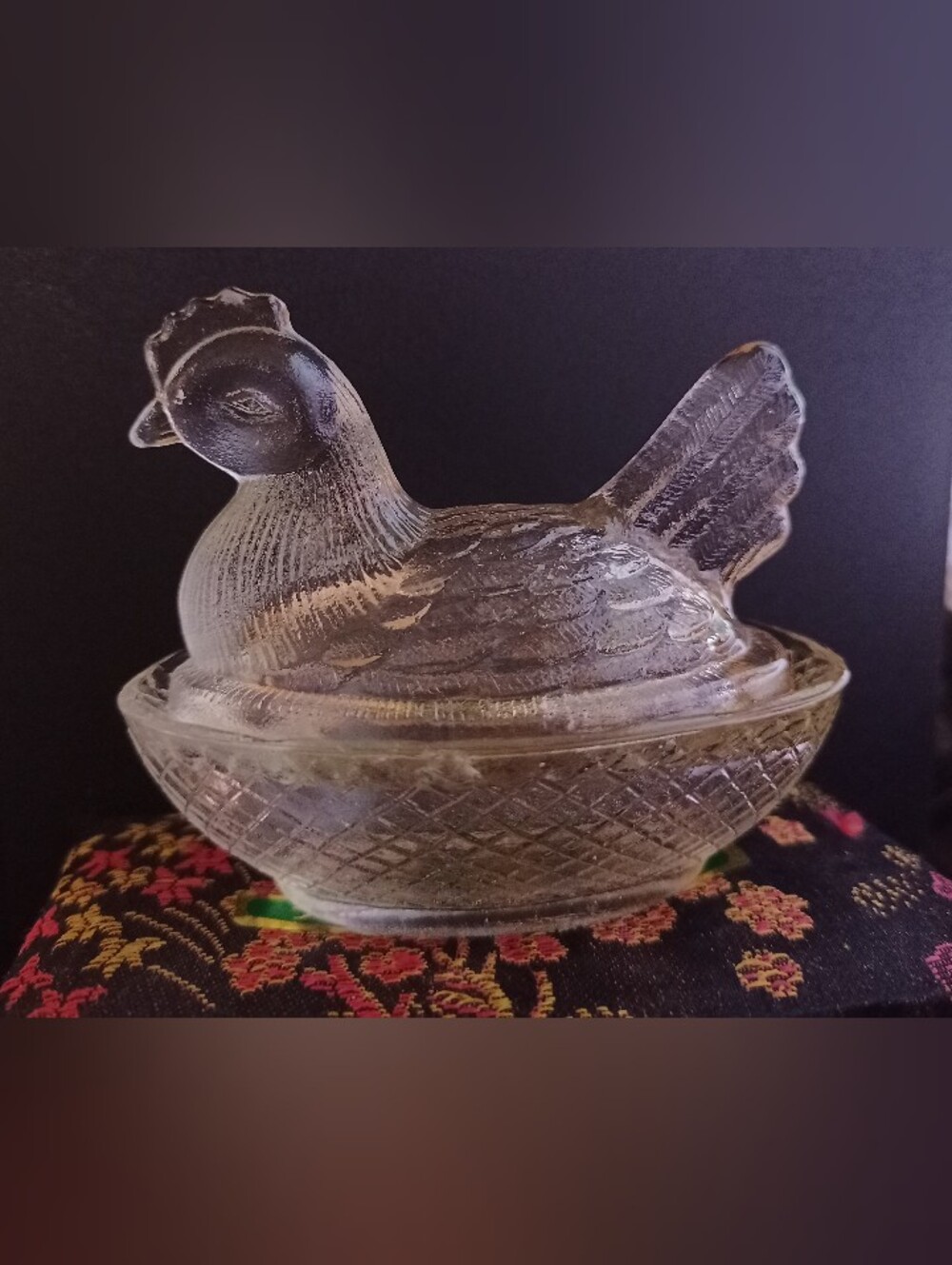 Vintage Clear Glass Hen On Nest Dish 3.5"
